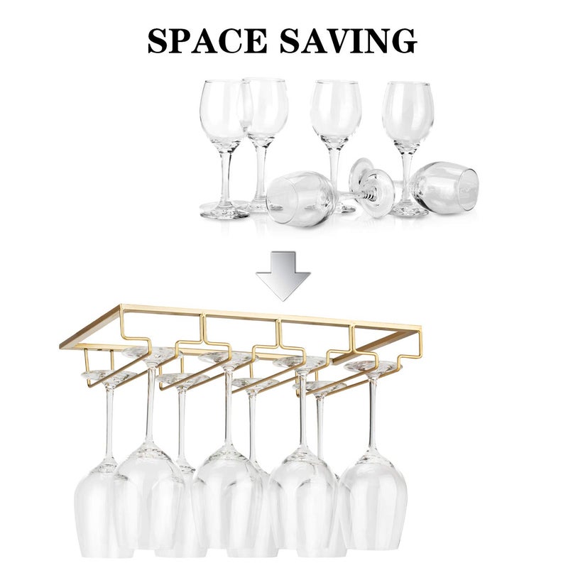 FOMANSH Wine Glass Rack Under Cabinet - Stemware Holder Metal Wine Glass Organizer Glasses Storage Hanger for Bar Kitchen Gold 4 Rows - Image 2